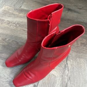 Larroude fire! Bold Red Heeled Boots with pointed toe, 2” heel, side zip. US10